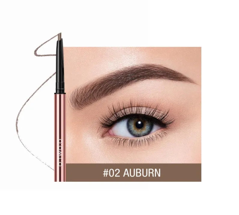 Eye brow make-up pencil in colour box packaging with six shade options shown, tapered tip visible.