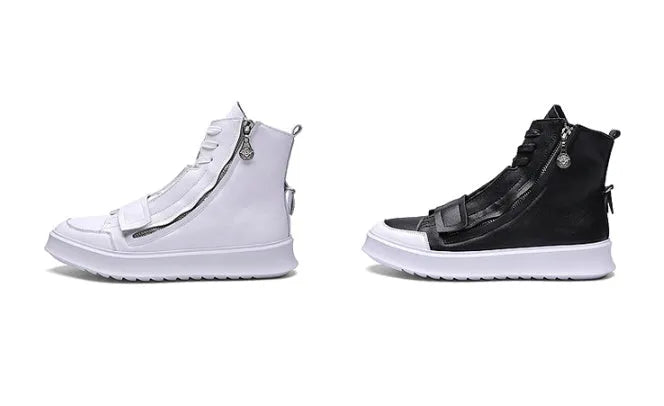 Men's black and white high-top winter ankle boots made from PU leather and microfiber.