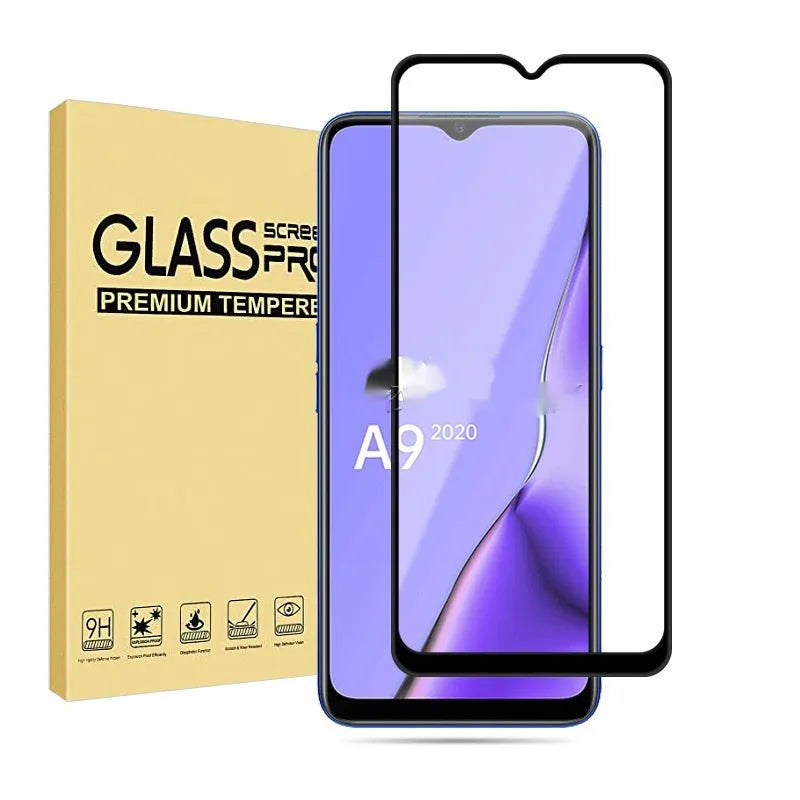 OPPO A9 2020 full glue black tempered glass screen protector shown on a phone.