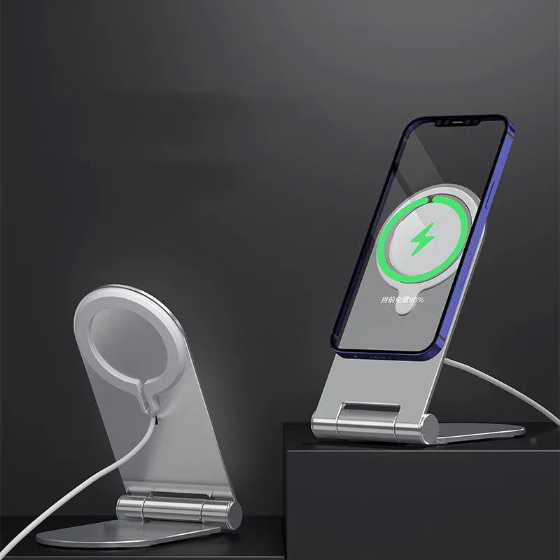 Silver vertical adjustable magnetic car phone mount for iPhone 12 series on a dashboard