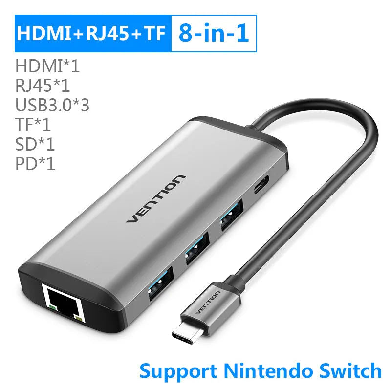 Type-C to HDMI USB3.0 RJ45 TF SD PD converter hub with aluminium alloy shell and 0.15m cable