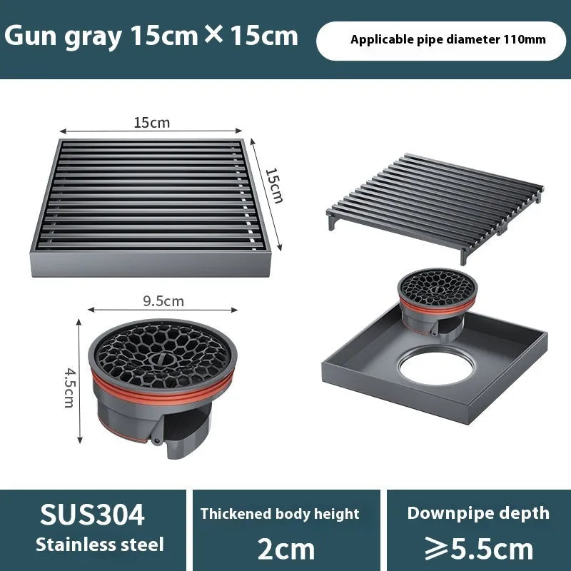 Gun grey 304 stainless steel courtyard deodorant floor drain measuring 15x15 cm
