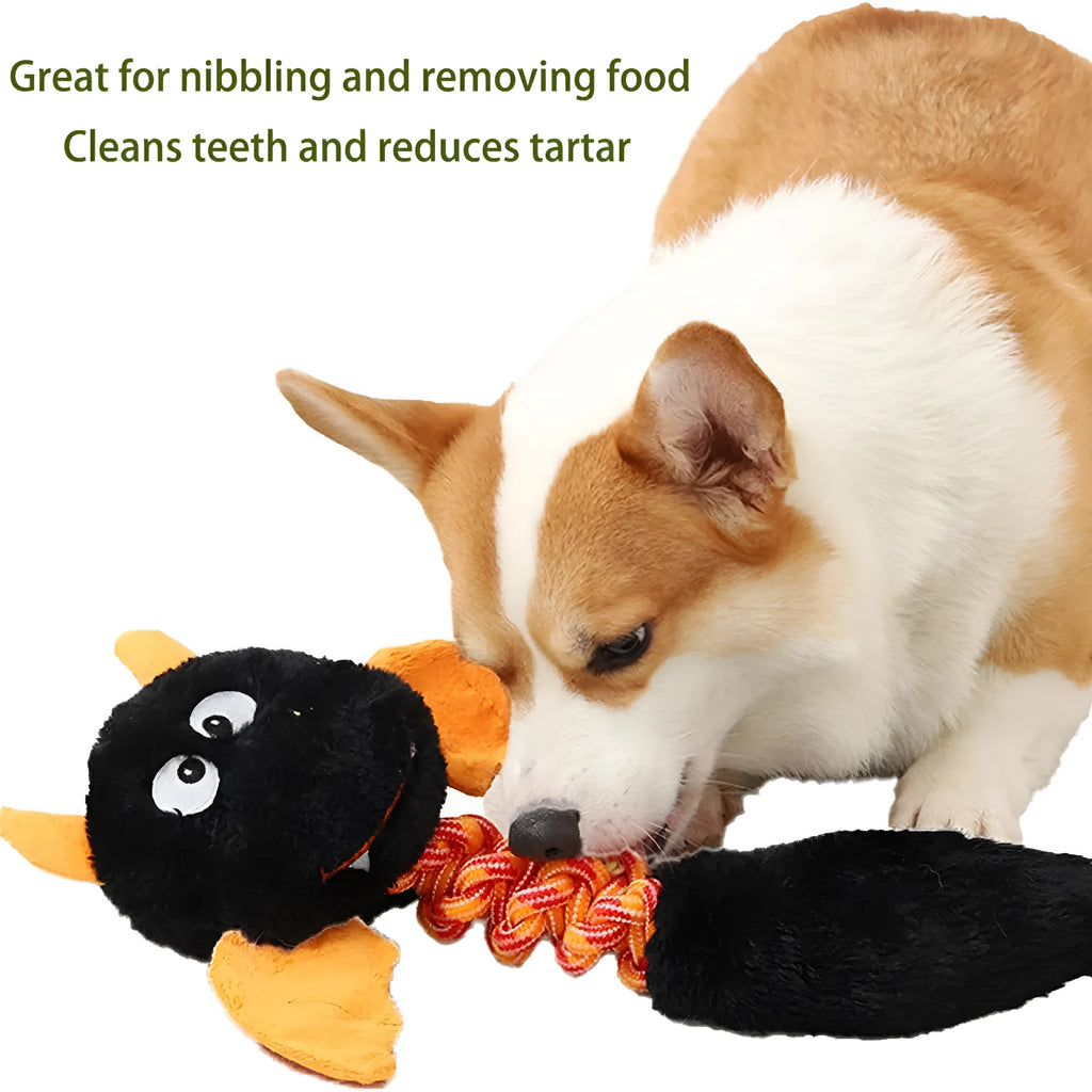 Soft rabbit fleece plush dog toy with squeaker and rope, in black, green, or red, measuring 44 cm long.