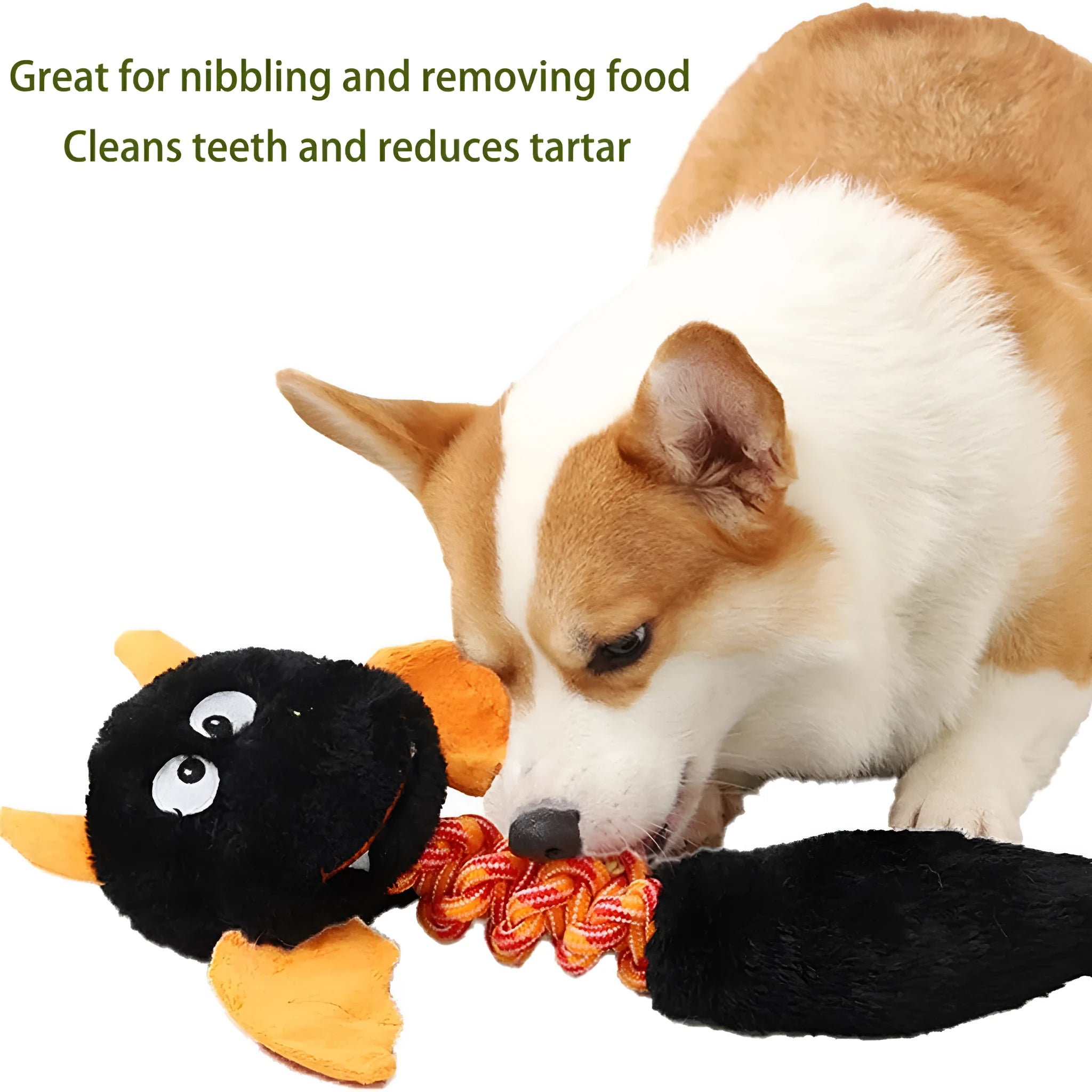 Soft rabbit fleece plush dog toy with squeaker and rope, in black, green, or red, measuring 44 cm long.