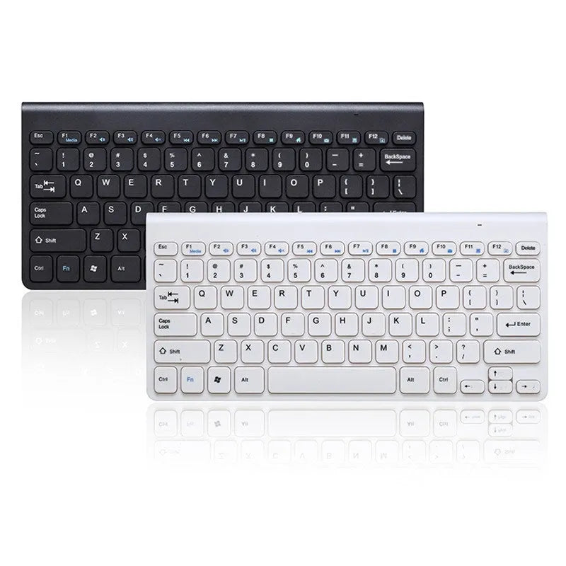 Black wireless keyboard and mouse set with 78 keys and 4 buttons on wooden desk