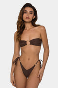 Brown tube-top push-up bikini swimsuit with ring tether detailing for women