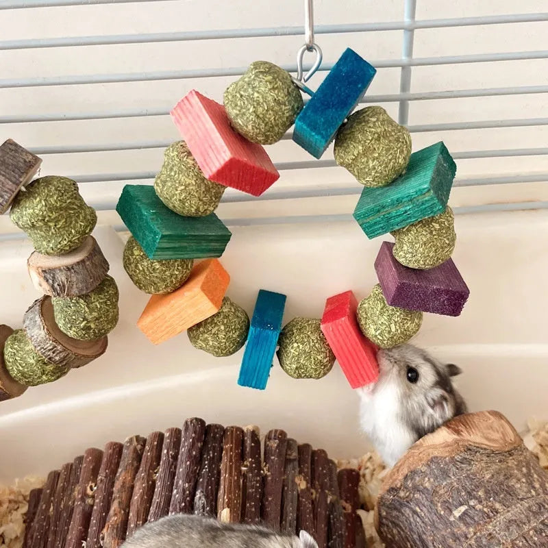 Hamster toy with straw ball ring and applewood chew rod for small pets