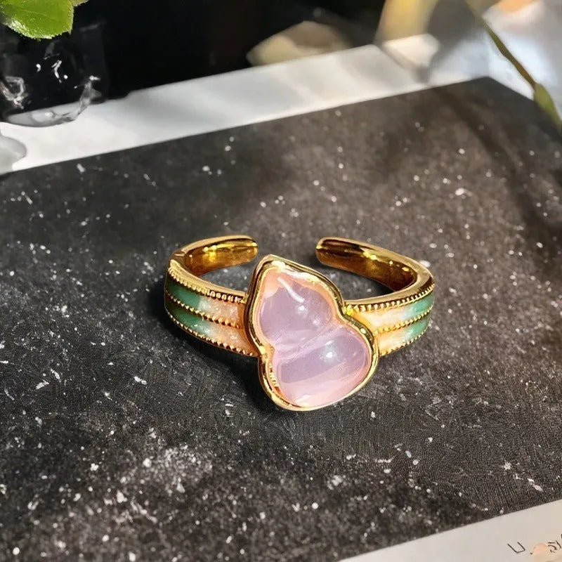 Adjustable copper ring with gourd motif, flower and bow shapes, zircon stones in six colour options