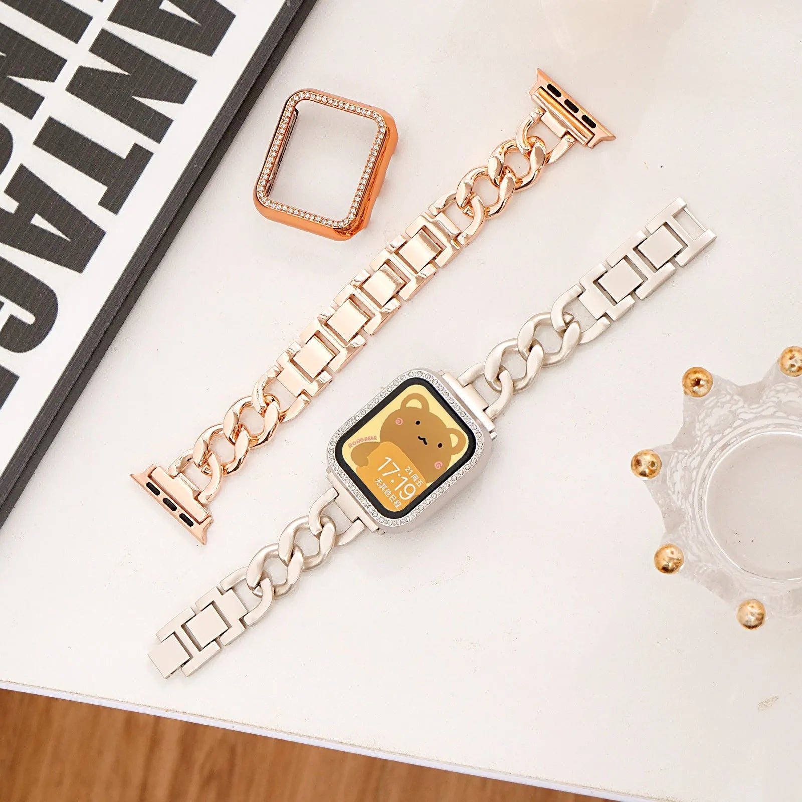 Denim chain pattern metal watch strap for Apple Watch in silver, shown with 22mm lugs.