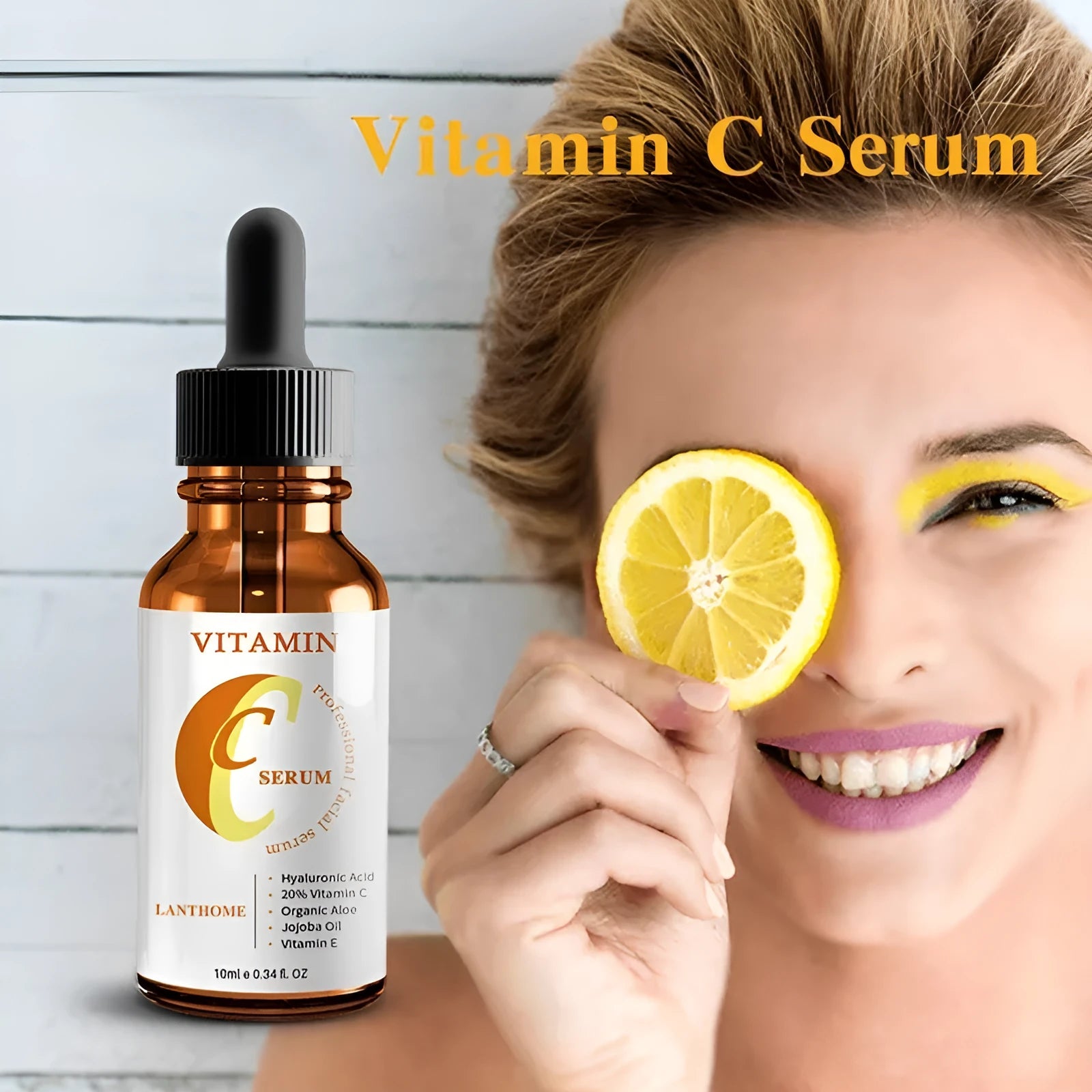Bottle of vitamin C and hyaluronic acid facial serum, 10 ml net content.