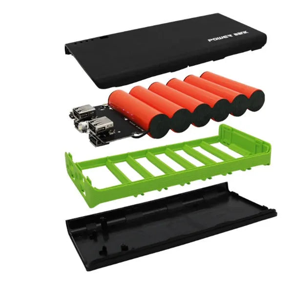 20000mAh portable power bank in five colour options showing front view with dimensions