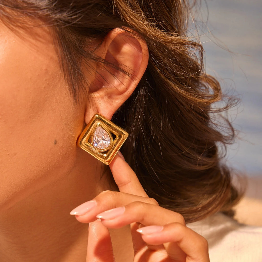 Gold geometric water drop zircon stud earrings with 18K electroplated finish