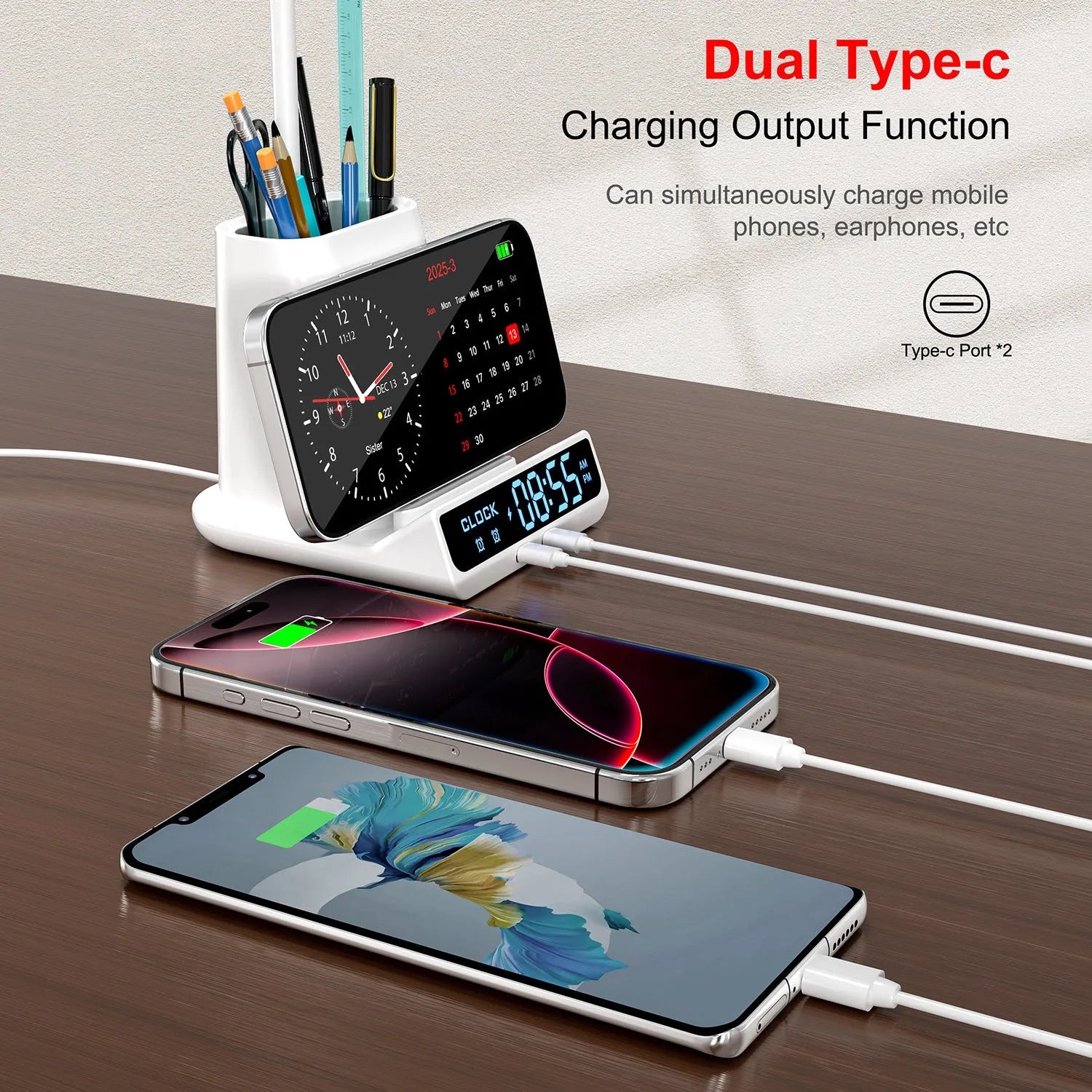 Wireless charging desk lamp with integrated pen holder storage box in modern simple design