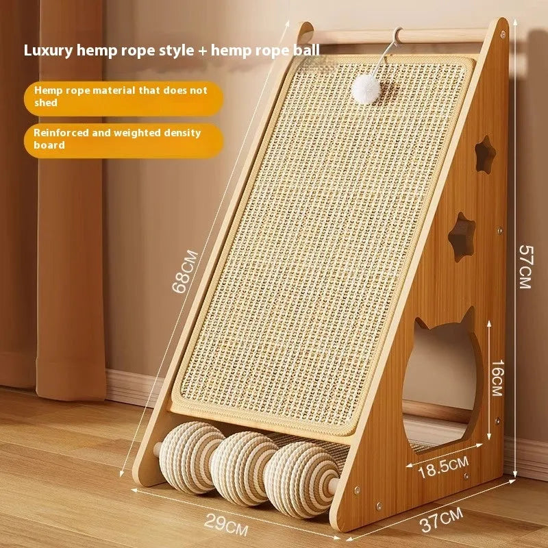 Vertical cat scratching board mounted on wall with sisal scratching surface and hemp rope toy ball