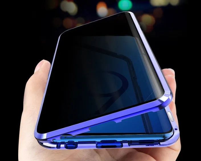 Black clamshell anti-peeping magnetic phone case for Samsung Galaxy phone shown open and closed