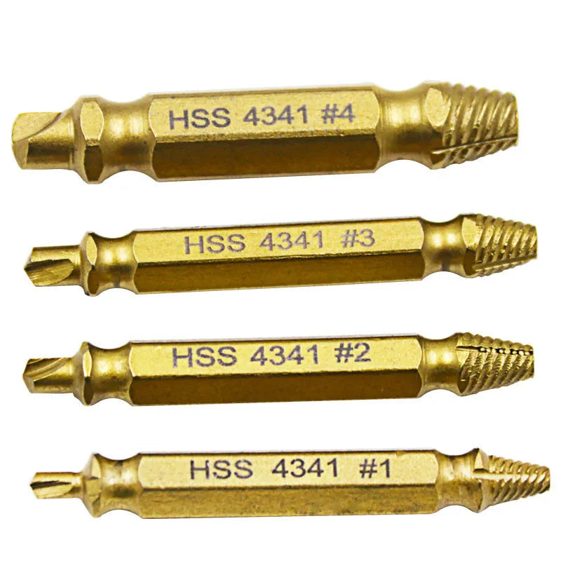 4341 high-speed steel screw extractor set with five hardened tools for removing broken bolts