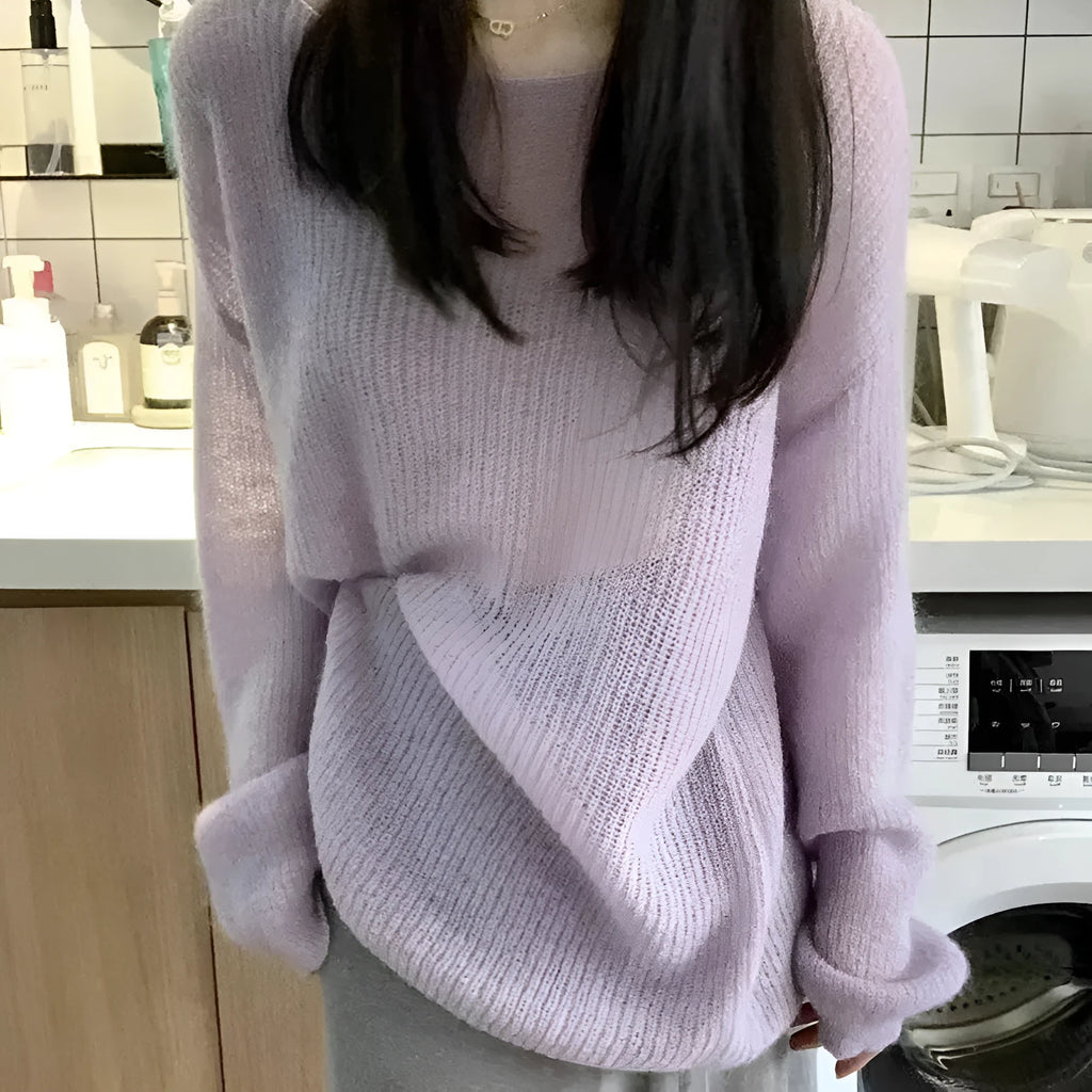 Purple women's blouse with hollow out design and princess sleeves in ice silk fabric
