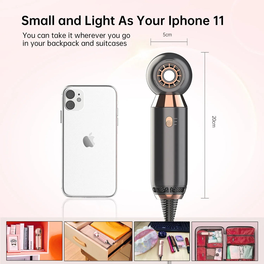 Compact leafless hair dryer with diffuser attachment, measuring 20cm