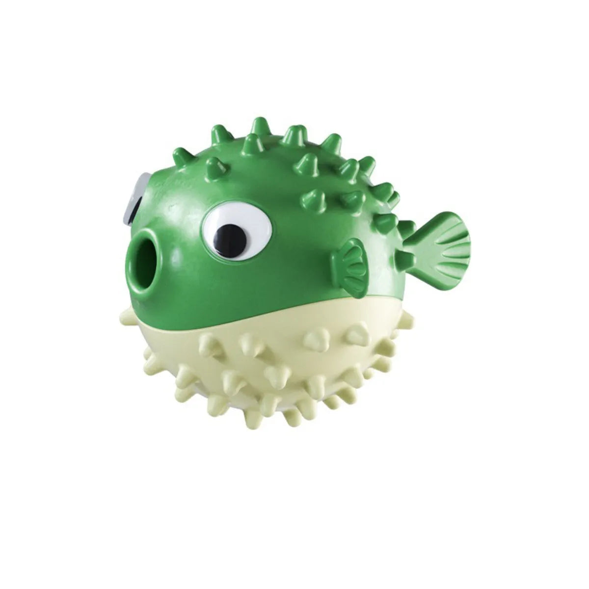 Yellow fish-shaped vinyl dog chew toy with textured surface for teeth cleaning