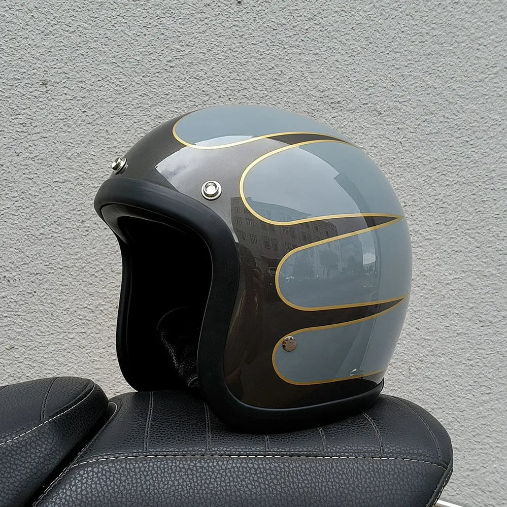 Glass fibre motorcycle half helmet shown in a retro style on a stand.