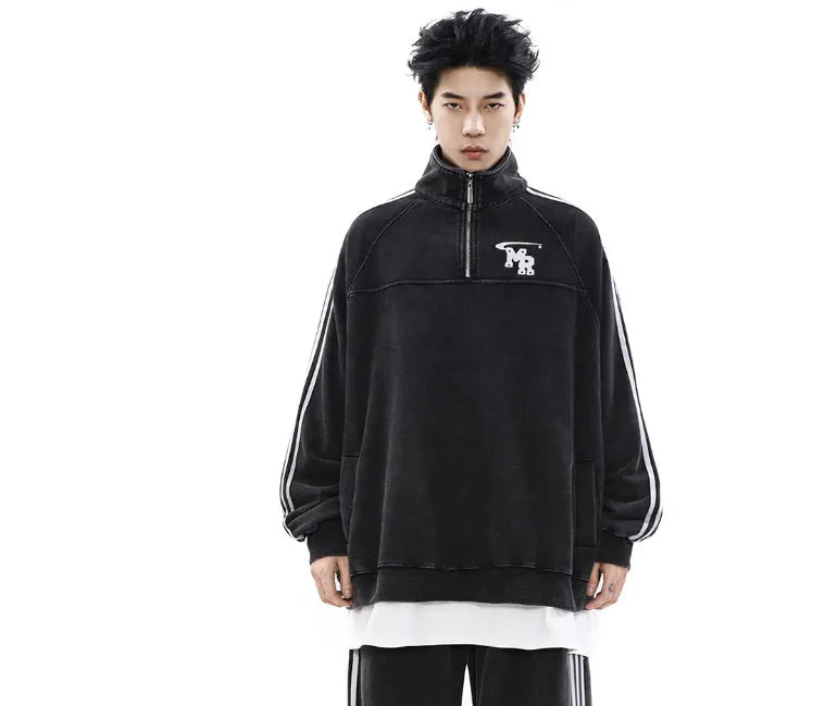 Black Hong Kong style stand collar sports hoodie with long sleeves