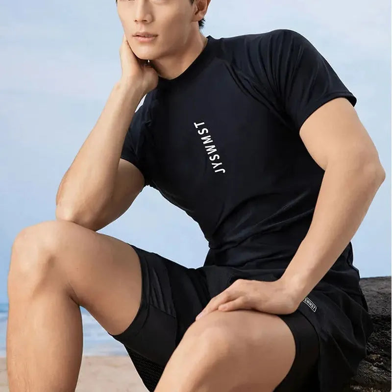 Men's patterned polyester swimsuit set showing top and swimming trunks, available in plus sizes.