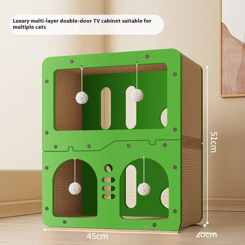 Double layer cat scratching board with integrated cat nest in various styles including owl and cat head designs