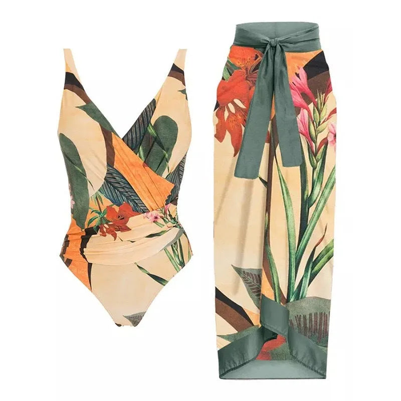 Women's solid colour spaghetti strap one-piece swimsuit with a matching skirt