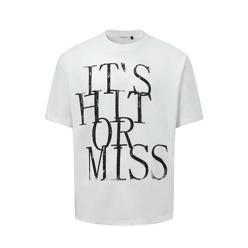 Men's blue American Retro style T-shirt with white printed letter design, round neck, loose fit