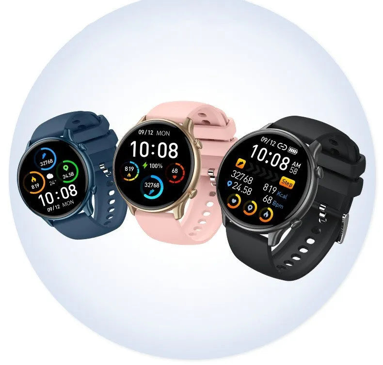Round smart sports watch with touch screen showing heart rate monitoring display