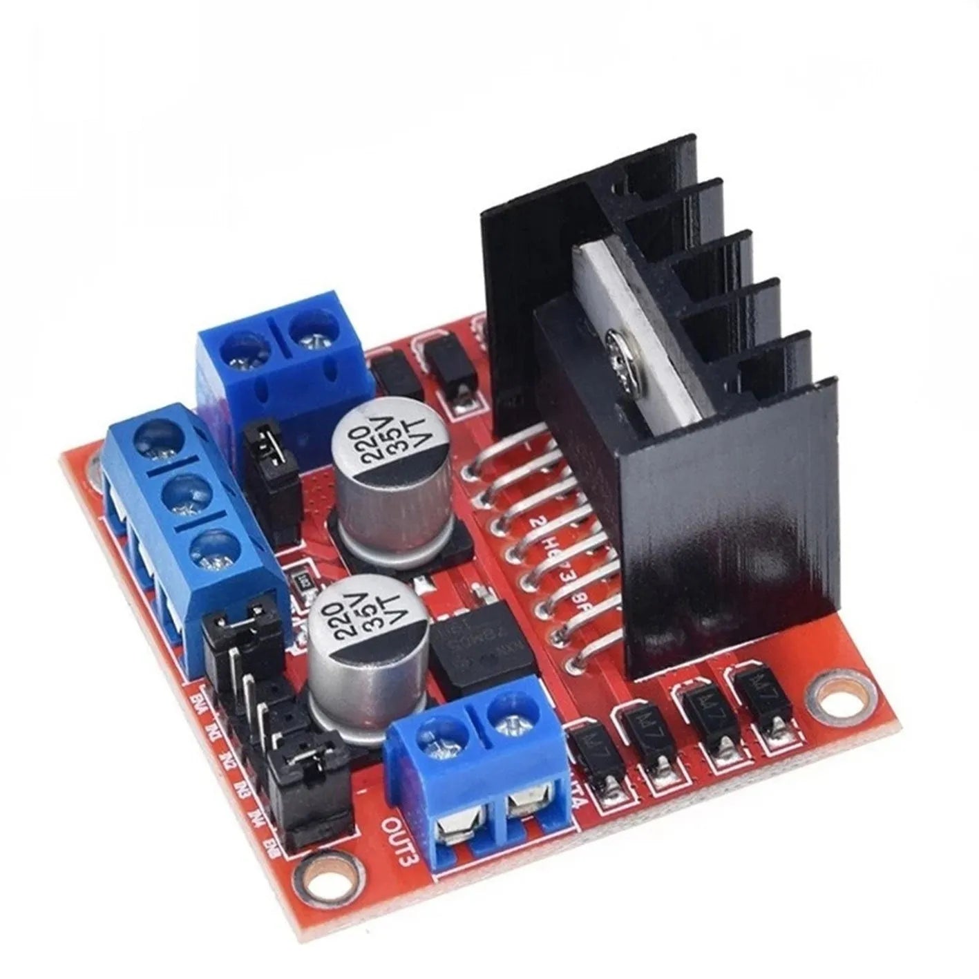 L298N dual H-bridge motor driver module on a green PCB with screw terminals