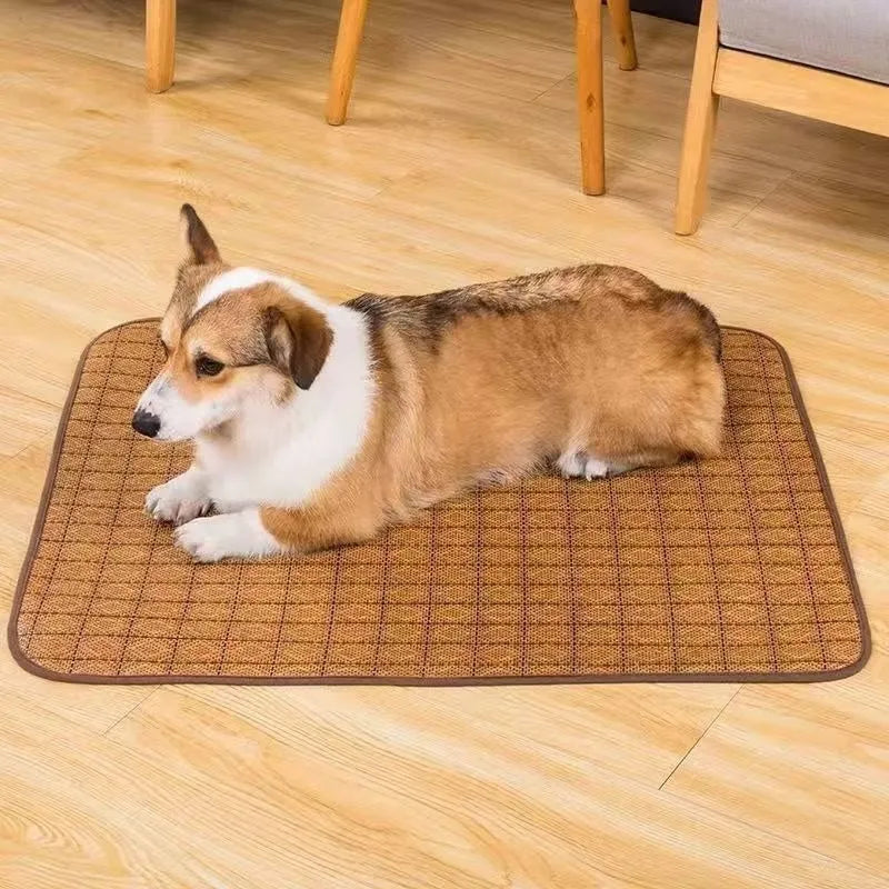 Brown rattan fibre cooling mat for dogs on a wooden floor