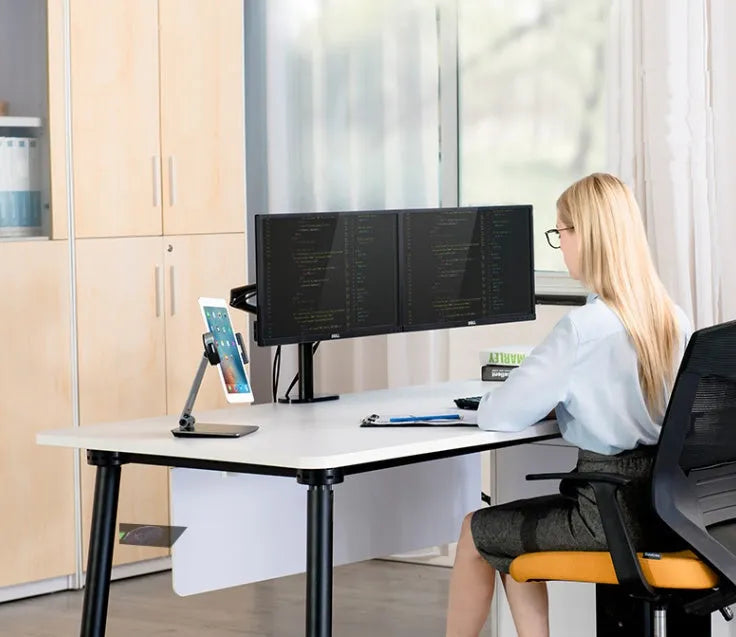 Folding desktop phone tablet stand in silver with 360-degree rotation feature