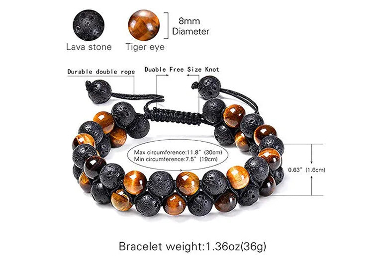 Matte black agate tiger eye bead couple bracelets with geometric design on a neutral background.
