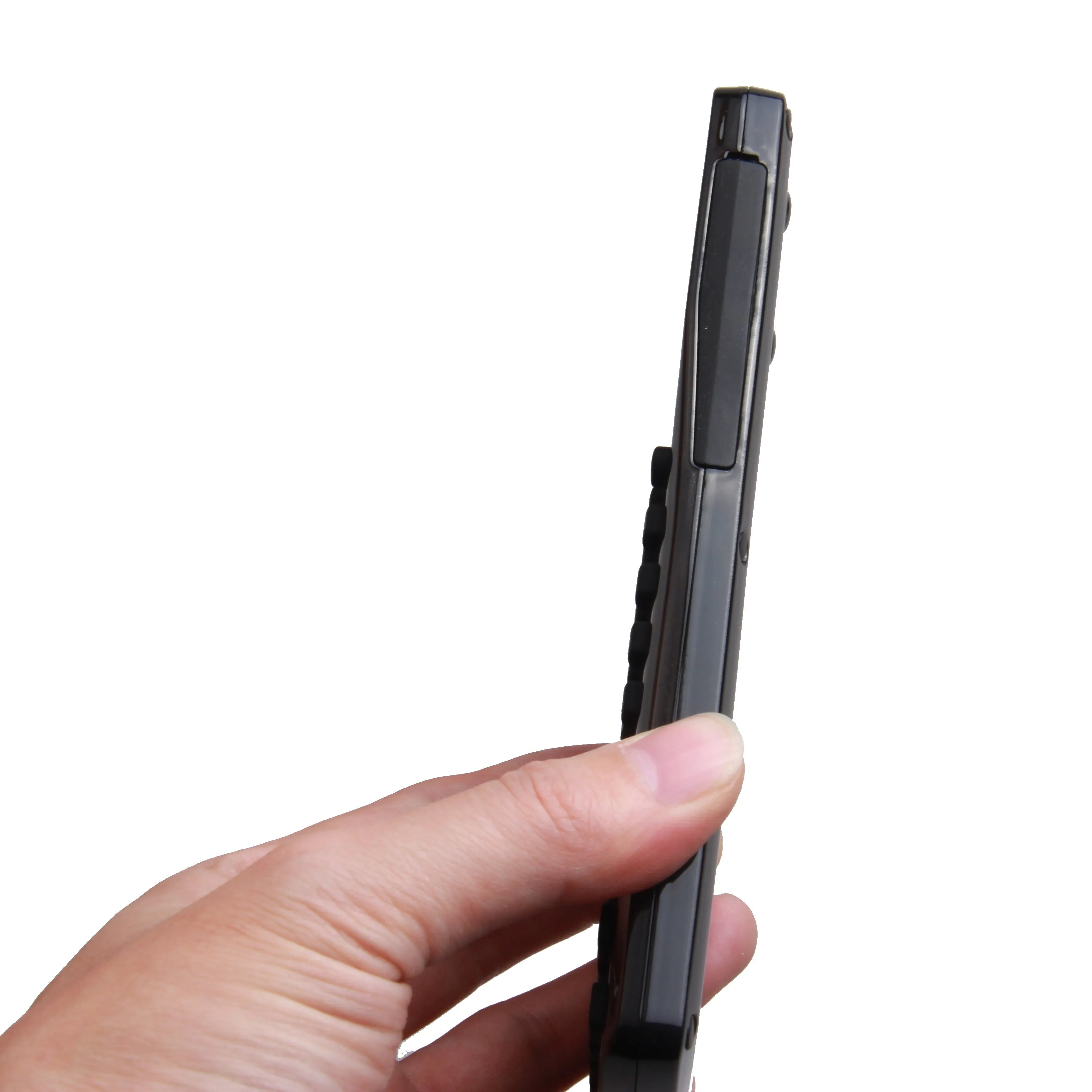 Black multifunctional e-book reader with a colour screen and adjustable strap showing language menu and media icons.