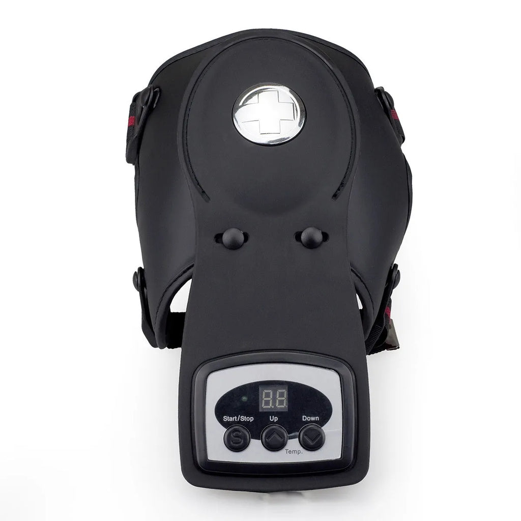 Portable infrared knee and shoulder massager unit with adjustable temperature control and two fabric pads.