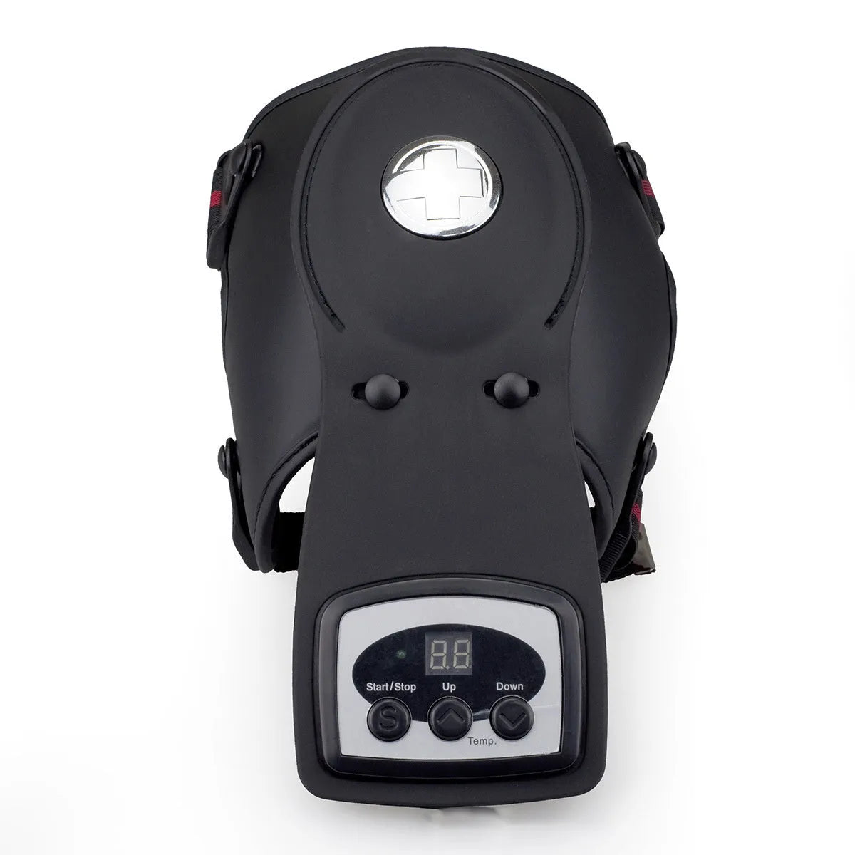 Portable infrared knee and shoulder massager unit with adjustable temperature control and two fabric pads.