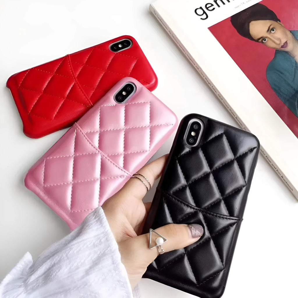 Genuine leather iPhone case in black, pink, or red, compatible with iPhone XS Max, XR, X, 8, and 6 models.
