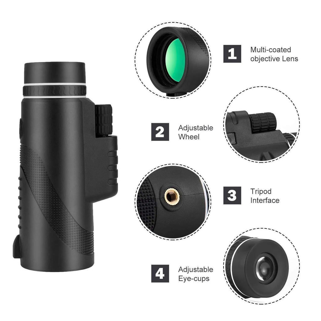 Black HD 40x60 monocular telescope with fully coated lenses and compact design