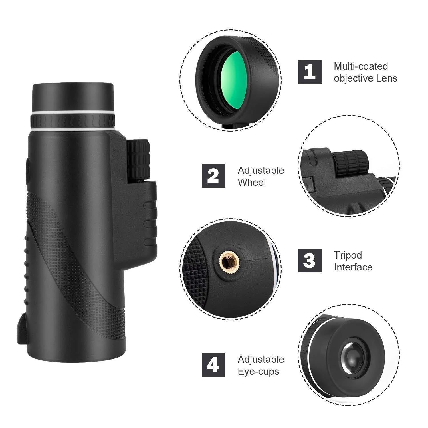 Black HD 40x60 monocular telescope with fully coated lenses and compact design