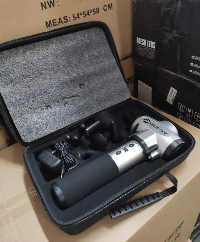 Black and white massage gun with adjustable speed control for muscle percussion therapy