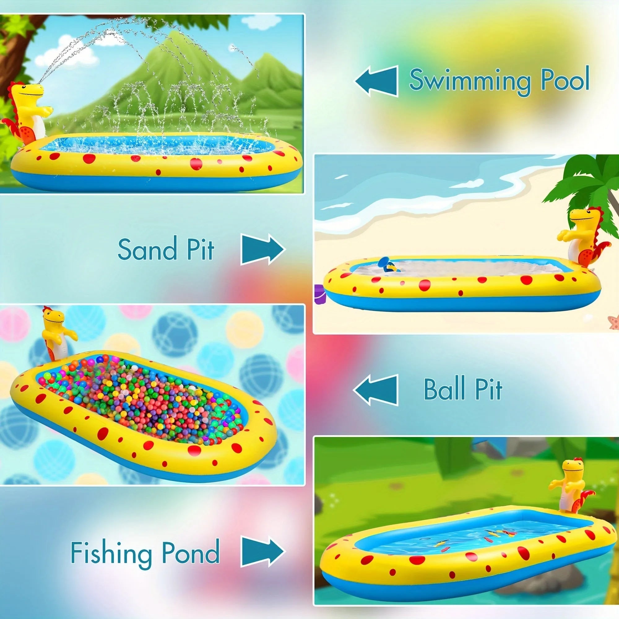 Dinosaur water spray inflatable pool with shark design play mat in blue colour