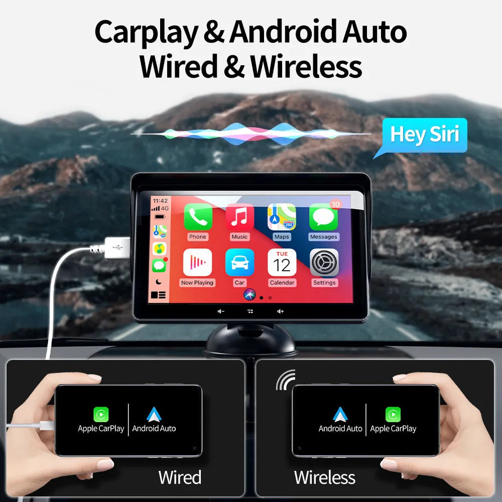 7-inch wireless CarPlay car display with suction cup mount on a dashboard