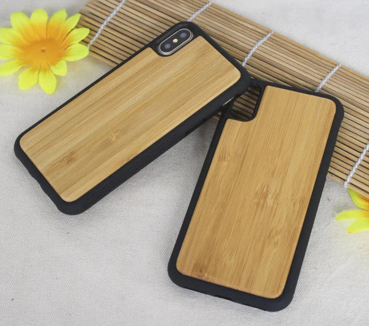 Wooden iPhone case with carbonised bamboo back and black TPU bumper for various iPhone models.