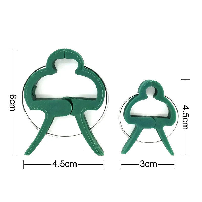 Green plastic and zinc plant support clips, showing large and small sizes for vines and tomatoes.