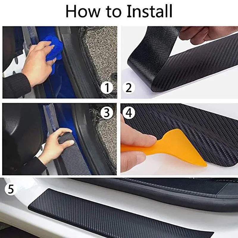 Matte black 3D carbon fibre roll for car door sill and bumper protection, showing texture and width options.
