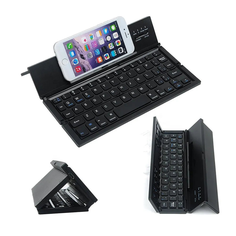 Black folding wireless Bluetooth keyboard for tablets with aluminium bottom and wrist support
