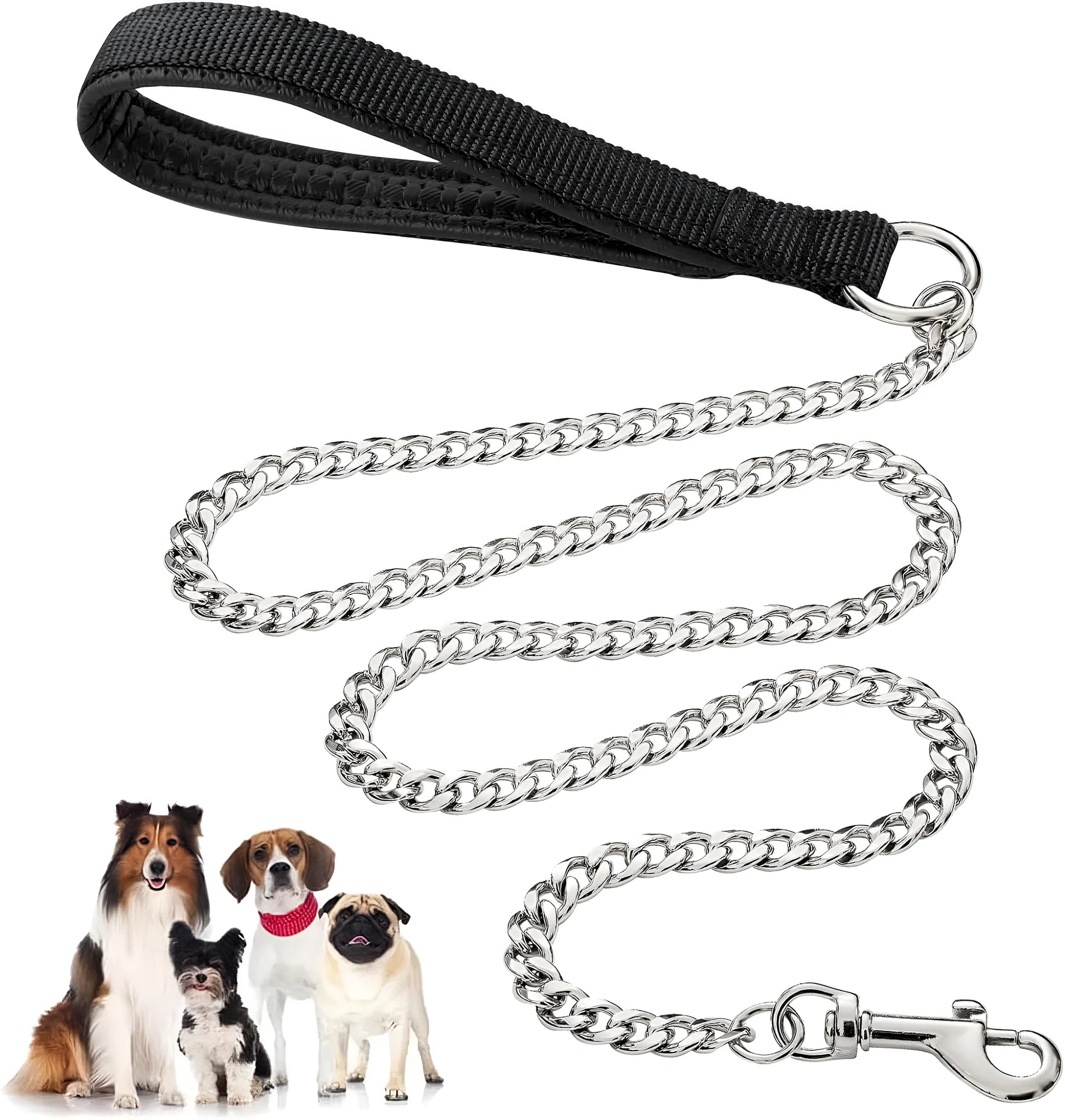 Heavy duty metal dog chain leash with a soft black padded handle, shown in red.
