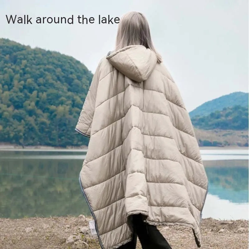 Army green wearable cloak sleeping bag with hood and sleeves for outdoor camping