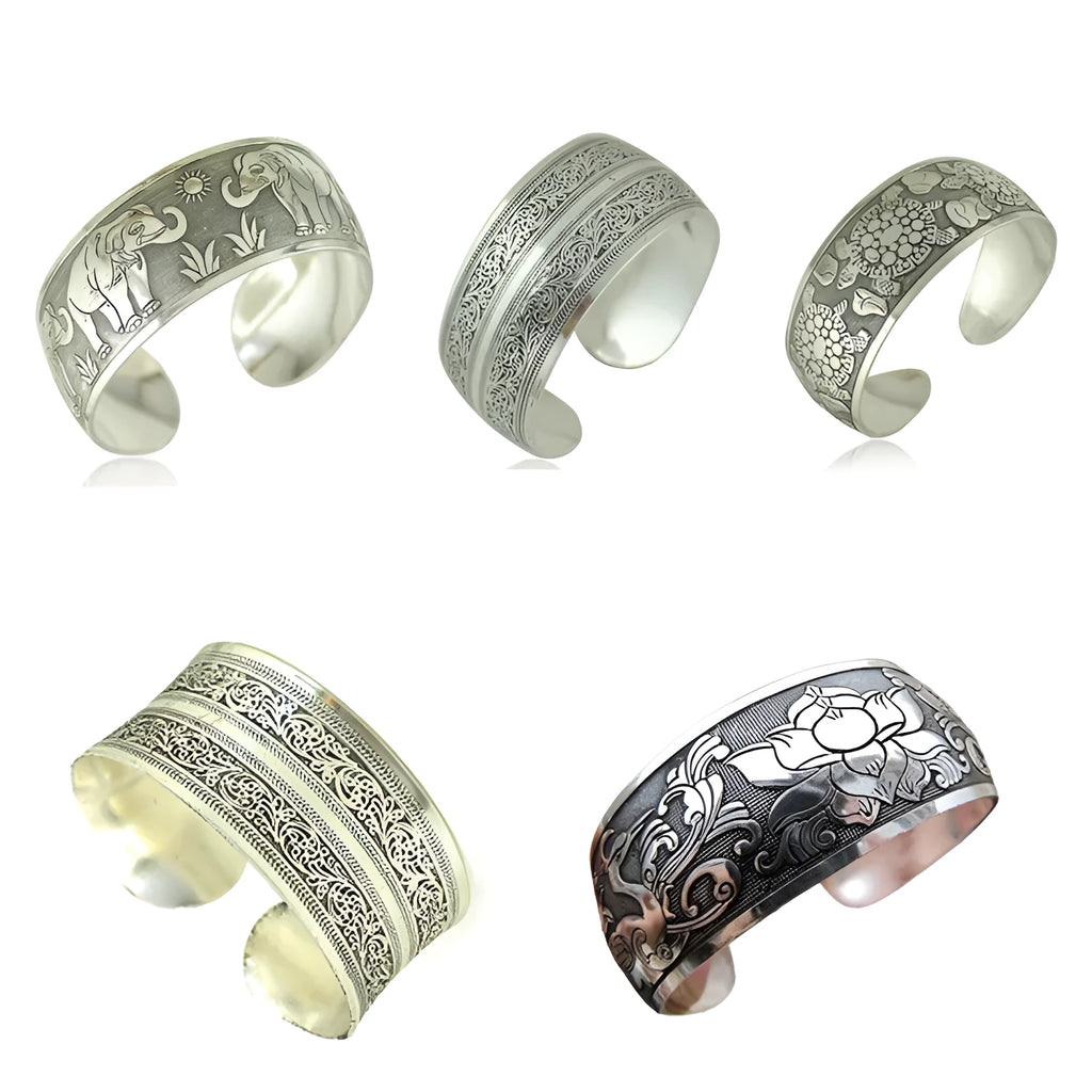 Ethnic Miao silver carved open bracelet with Roman shape design in alloy construction